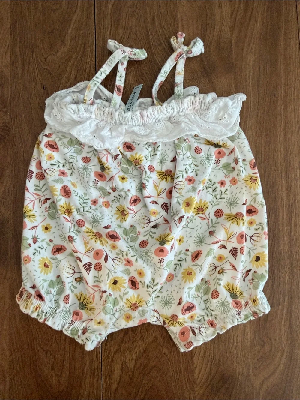 Charlotte & Star - Floral Eyelet Baby Romper - White with Yellow & Pink Flowers